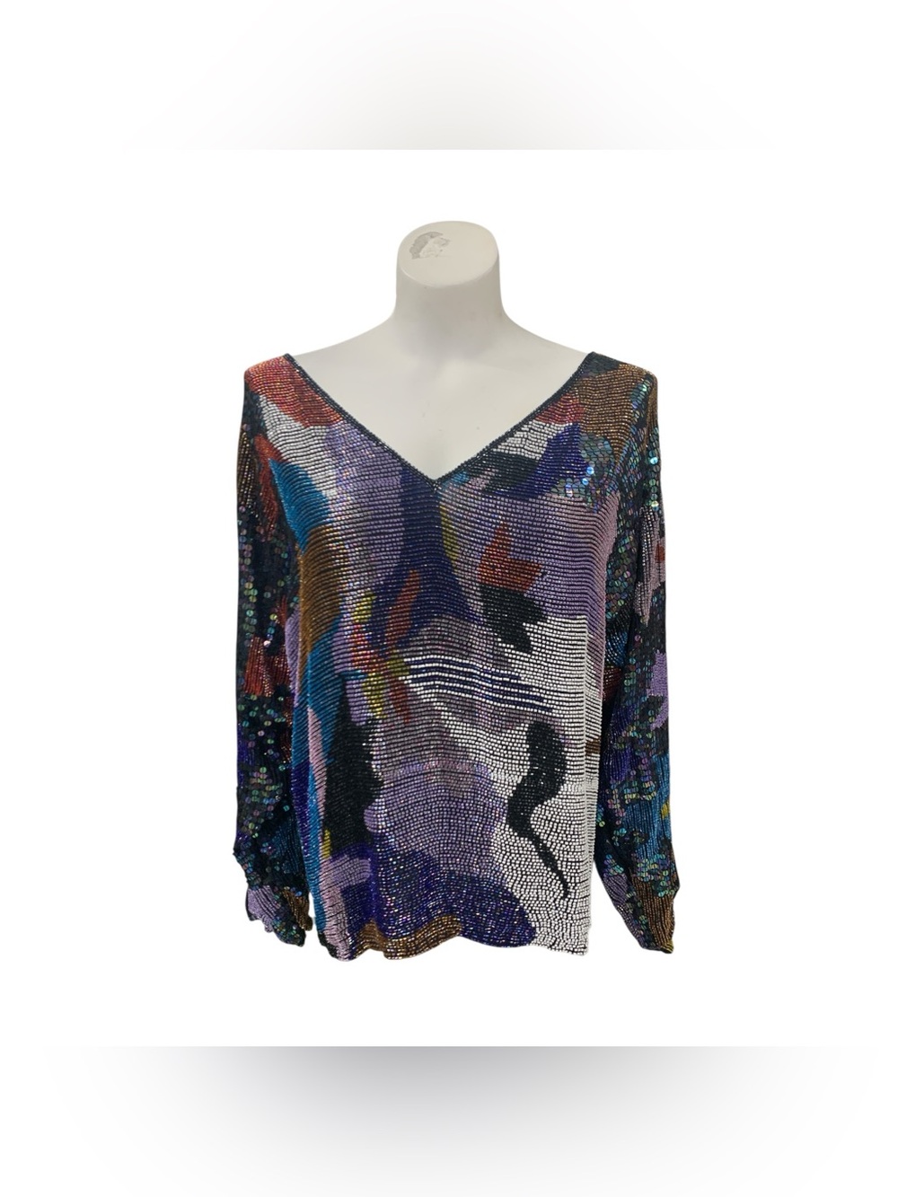 V.J Abstract Multicolor Sequin V-Neck Blouse Size M